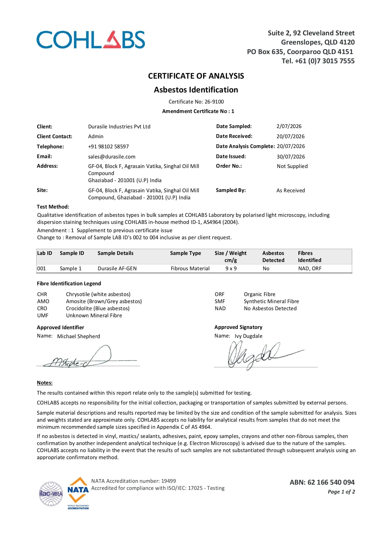 DURASILE AF-GEN Test Report